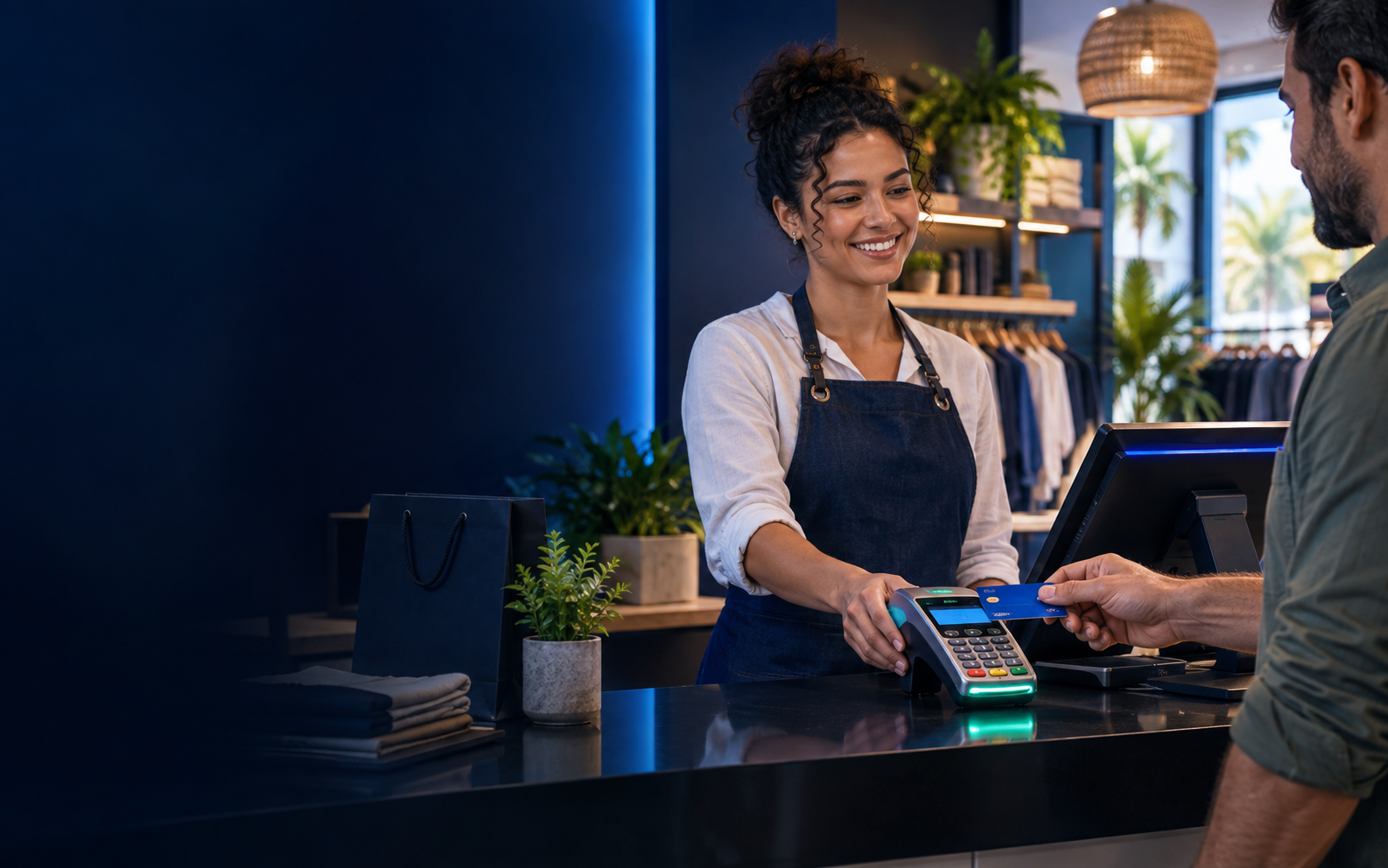 Comerciante sorrindo em um caixa com integração de meios de pagamento